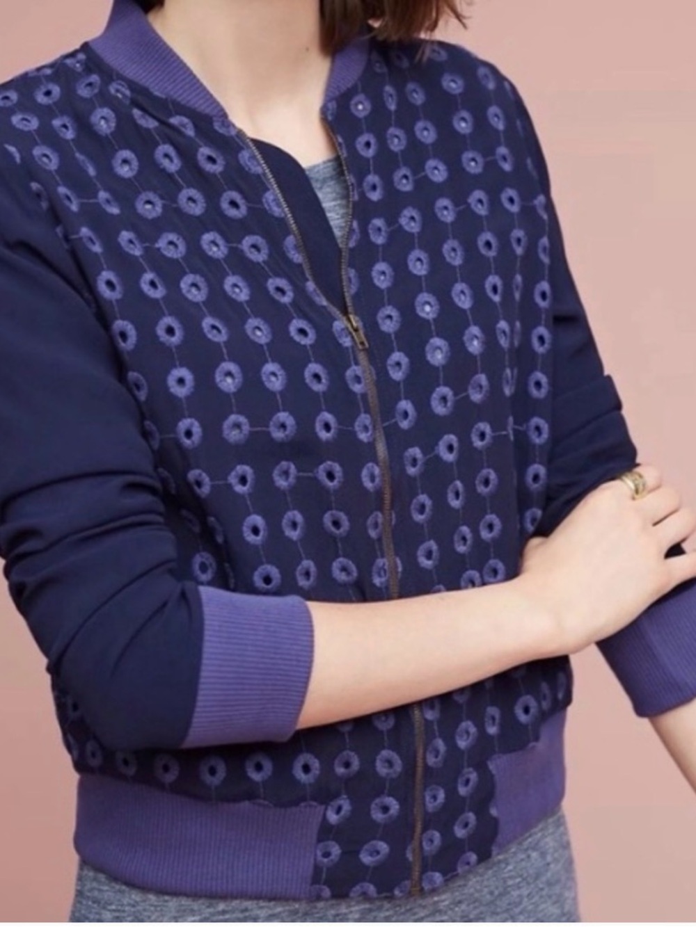 Anthropologie Amadi Women’s Navy & Periwinkle Eyelet Bomber Jacket
